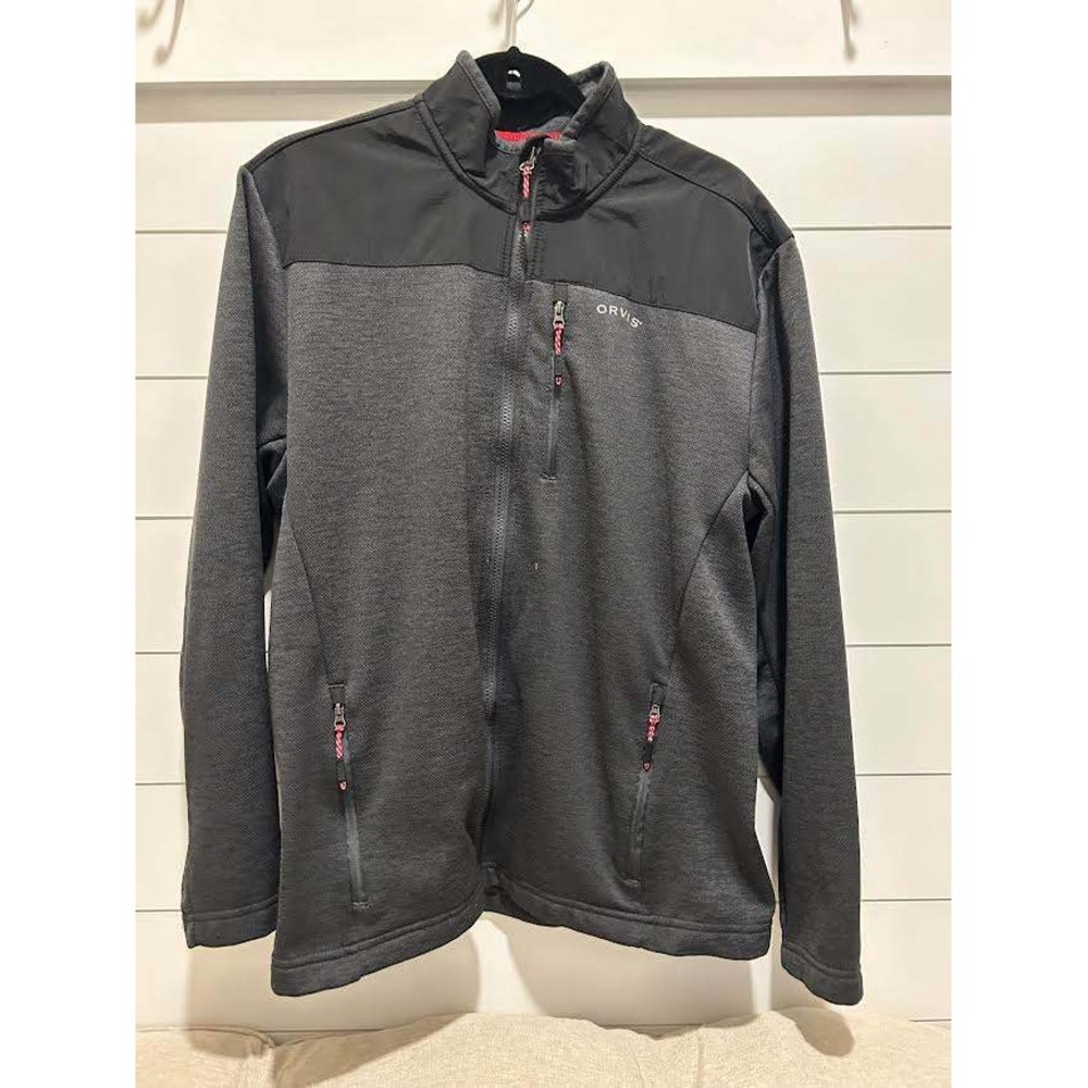 Orvis Mens Full Zip Fleece Jacket Charcoal Gray Black Mock Neck Outdoor Large